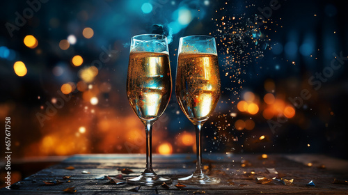 Sparkling New Year, Celebrating with Champagne and Fireworks