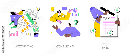 Financial information abstract concept vector illustration set. Accounting, consulting, tax form, tax filing, audit service, online application software, business strategy abstract metaphor.