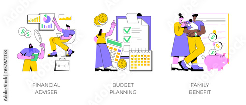 Money management abstract concept vector illustration set. Financial adviser, budget planning, family benefit, investment, financial plan, tax strategy, piggy bank, child payment abstract metaphor.
