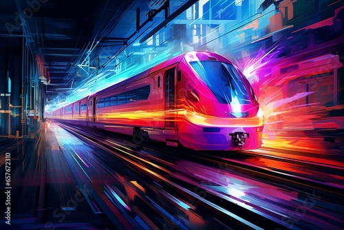 Fast-moving train. Vibrant neon hues. Generative AI