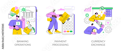 Financial services abstract concept vector illustration set. Banking operations, payment processing, currency exchange, check account, manage deposit, forex broker, cash money abstract metaphor.