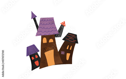 Cute Halloween house isolated element. Cartoon ghost house hand drawn illustration. Digital watercolor funny building with scary face, windows and door.