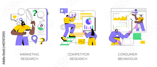 Targeting strategy abstract concept vector illustration set. Marketing research, competitor research, consumer behaviour, focus group, survey agency, target audience, analysis abstract metaphor.