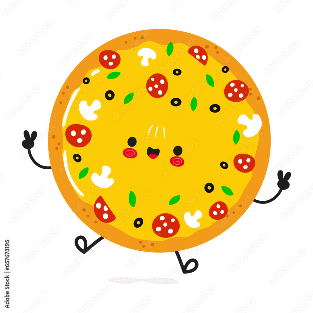 Cute funny Pizza jumping character. Vector hand drawn cartoon kawaii character illustration icon. Isolated on white background. Pizza character concept