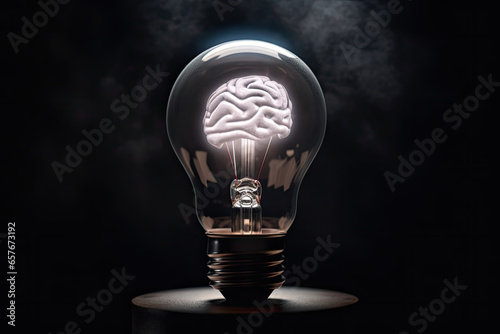 3D render of brain in light bulb on black background