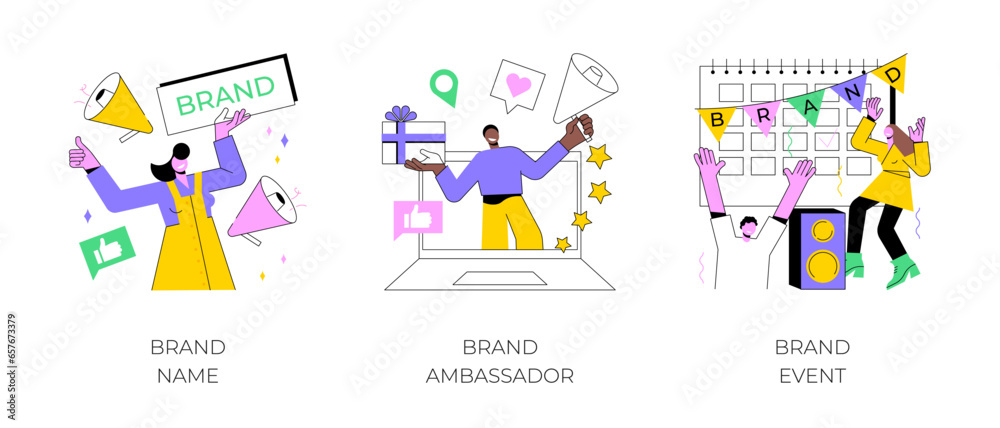Business reputation building abstract concept vector illustration set. Brand name, brand event ambassador, naming agency, trademark media figure, public relation, sponsored event abstract metaphor. Business reputation building abstract concept vector illustration set. Brand name, brand event ambassador, naming agency, trademark media figure, public relation, sponsored event abstract metaphor.