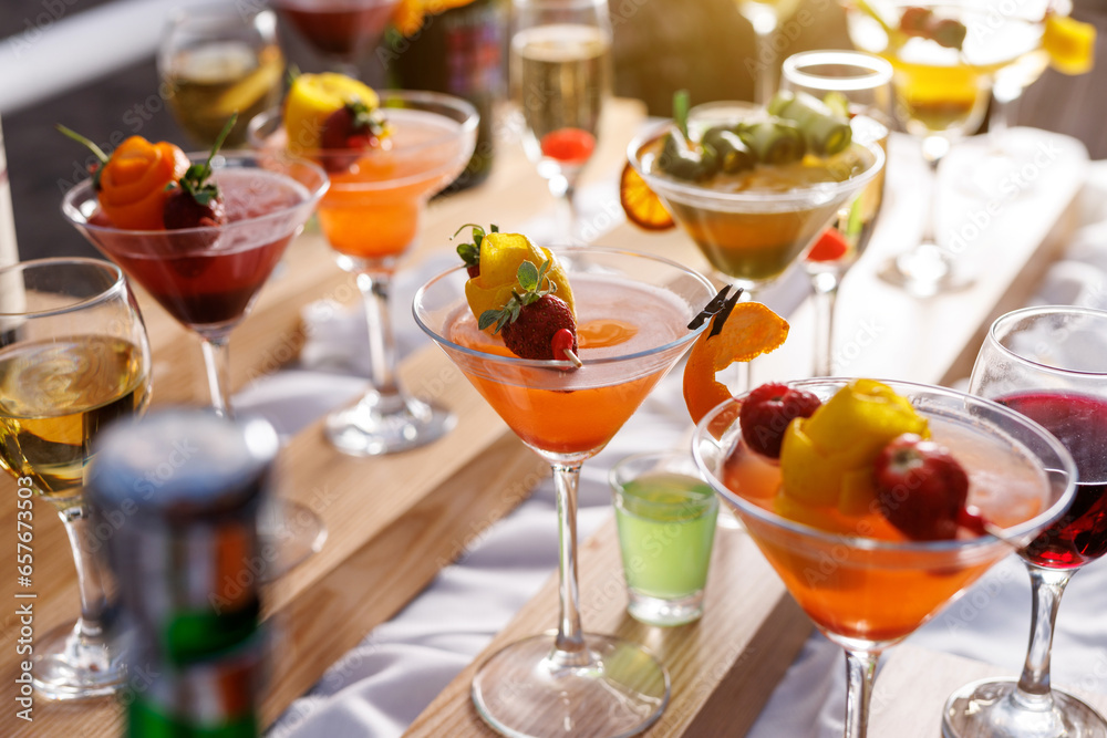 Set of colorful cocktails before the event.