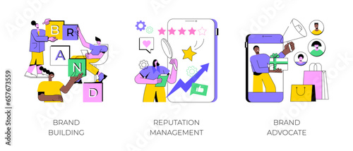 Trademark public relations abstract concept vector illustration set. Brand building, reputation management, brand advocate, marketing strategy, social media, corporate ID, awareness abstract metaphor.