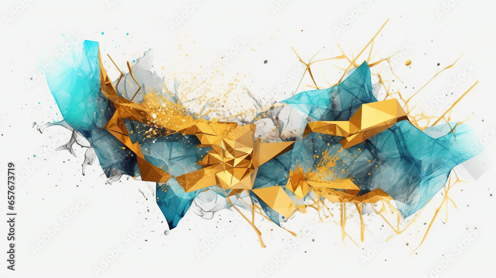 Obraz premium Mixed Abstract Art of Watercolor Blue and Gold Color Wavy and Curve Triangle Particles on White Background
