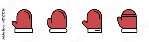 Red mitten flat icon. Winter gloves in flat. Outline mitten icon. Winter mitten icon set. Gloves sign. Stock vector illustration.