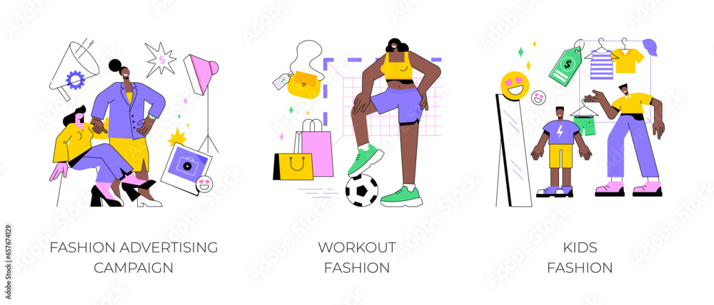Fashion advertising campaign abstract concept vector illustration set. Plus size models, workout and kids fashion, body positive, sportswear brand, baby style, model agency abstract metaphor.