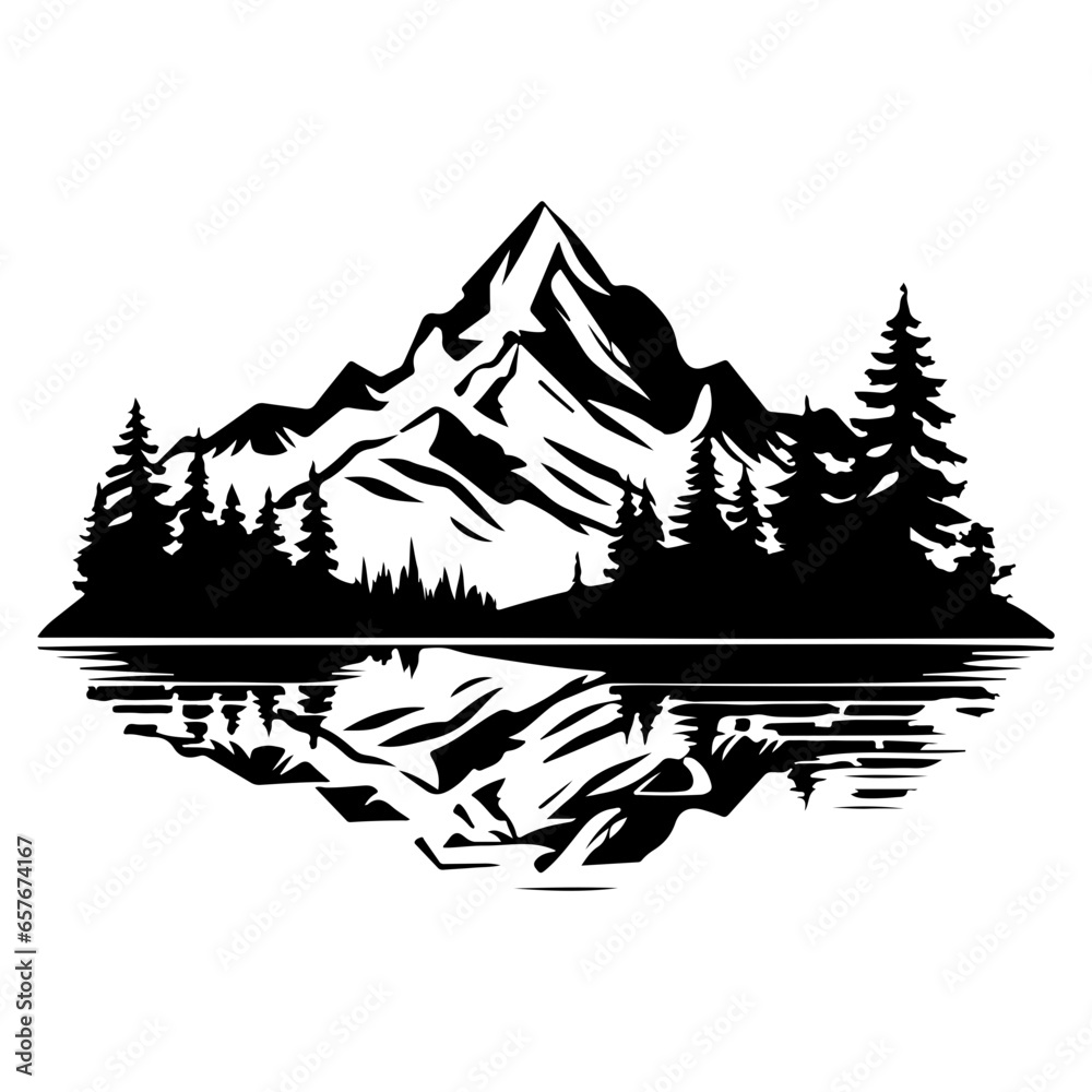 mountain icons set, hills, forest, wood, trees, rivers, lakes, nature landscape icons, travel mountain lake forest silhouette, 