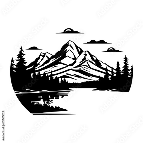 mountain icons set, hills, forest, wood, trees, rivers, lakes, nature landscape icons, travel mountain lake forest silhouette, 