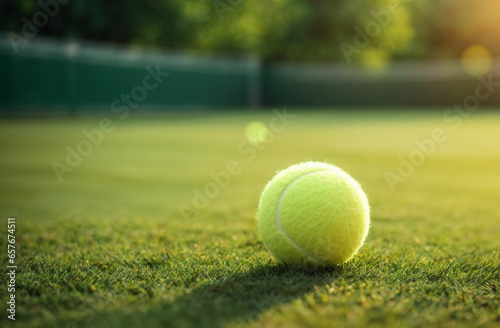 Tennis ball on the green field with sunlight. Sport concept.