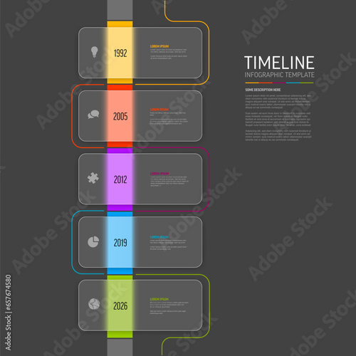 Five semitransparent glassy rounded rectangles timeline process infographic on dark background