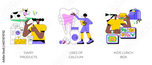 Healthy nutrition abstract concept vector illustration set. Dairy products, uses of calcium, kids lunch box, healthy snack, food processing, strong bones and teeth, parent care abstract metaphor.