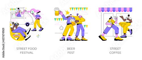 Urban culinary event abstract concept vector illustration set. Street food festival, beer fest, street coffee, food truck, hot drinks, craft brewing, neighbourhood entertainment abstract metaphor.