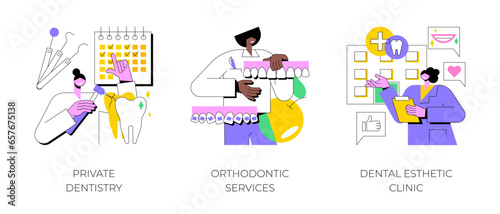 Teeth healthcare abstract concept vector illustration set. Private dentistry, orthodontic services, dental esthetic clinic, oral hygiene, smile treatment, emergency dentist abstract metaphor.