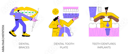 Orthodontic care procedure abstract concept vector illustration set. Dental braces and tooth plate, teeth dentures implants, kids brackets, teeth replacement, cosmetic dentistry abstract metaphor.
