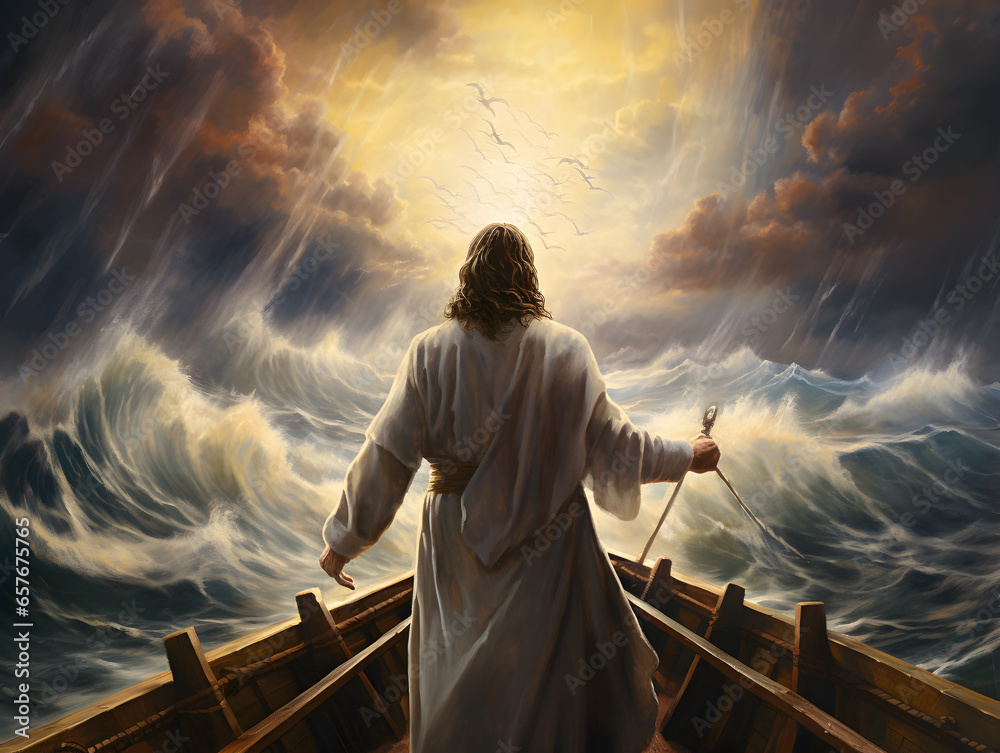 Jesus Christ on the boat calms the storm at sea. - obrazy, fototapety, plakaty 