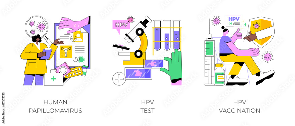 HPV infection abstract concept vector illustration set. Human papillomavirus, HPV test and vaccination, cervical cancer early diagnostics, laboratory sample, virus screening abstract metaphor. HPV infection abstract concept vector illustration set. Human papillomavirus, HPV test and vaccination, cervical cancer early diagnostics, laboratory sample, virus screening abstract metaphor.