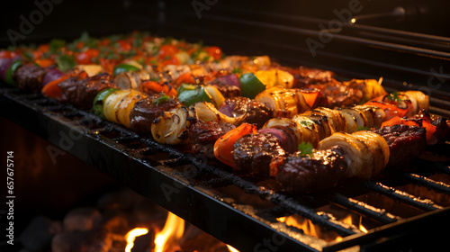 barbecue party with grilled meat and vegetables