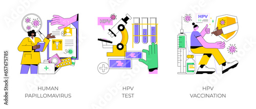 HPV infection abstract concept vector illustration set. Human papillomavirus, HPV test and vaccination, cervical cancer early diagnostics, laboratory sample, virus screening abstract metaphor.