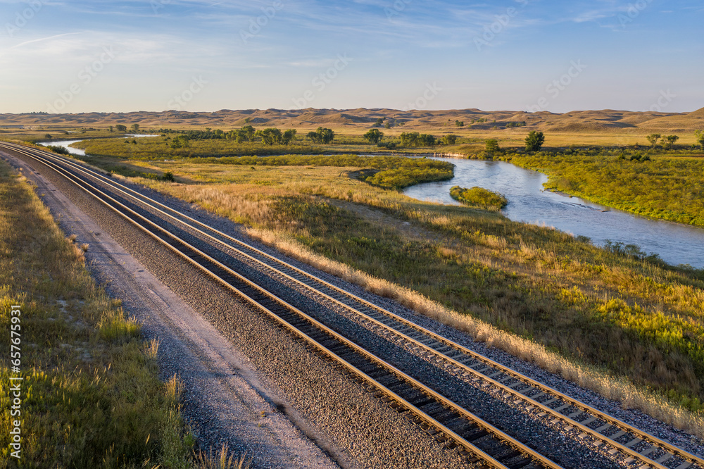 highway and railroad across Nebraska Sandhills along the Middle Loup River, aerial view