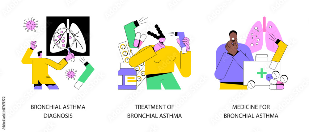 Respiratory illness abstract concept vector illustration set. Bronchial asthma diagnosis, treatment and medicine, shortness of breath, breathing attack, allergy cough, healthcare abstract metaphor.