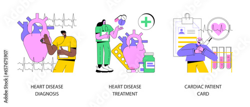 Cardiovascular illness abstract concept vector illustration set. Heart disease diagnosis and treatment, cardiac patient card, heartbeat rate and chest pain, stress test, hospital abstract metaphor.