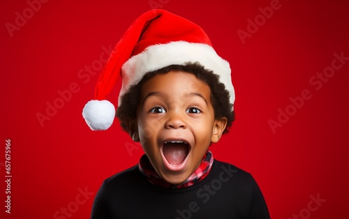 Chico con expresión sorprendida y gorro de Papa Noel sobre fondo rojo. Copy space.  photo