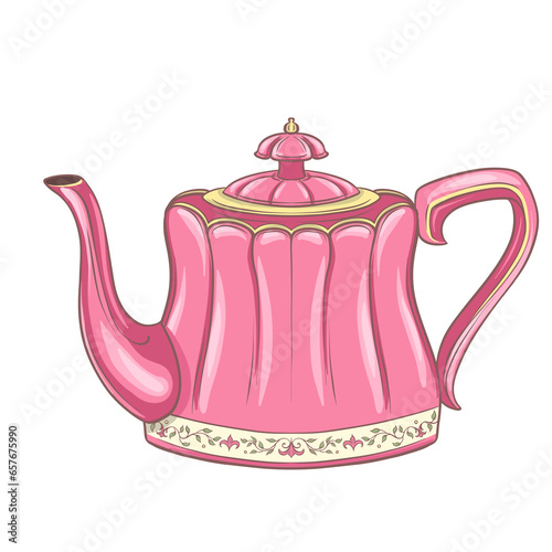 Pink Kettle. Vintage hand painting. Pastel colours.