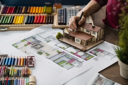 Top view of architects hands drawing of modern house with material sample on creative desk. generative ai.