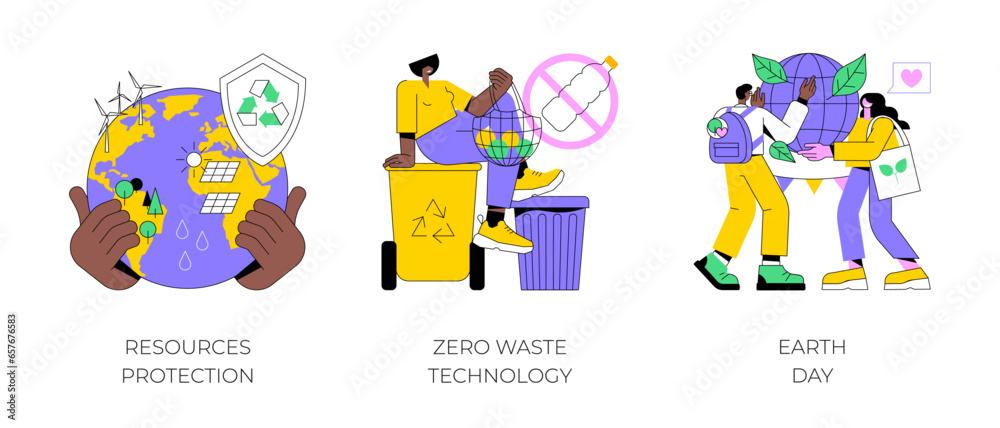 Environmental activism abstract concept vector illustration set. Resources protection, zero waste technology, Earth Day, save planet, climate change, reuse reduce recycling abstract metaphor.