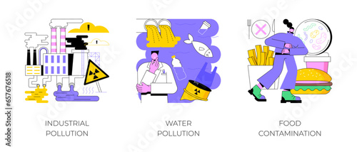 Land contamination abstract concept vector illustration set. Industrial pollution, water poisoning, food contamination, hazardous waste dumping, chemical pollution, food safety abstract metaphor.