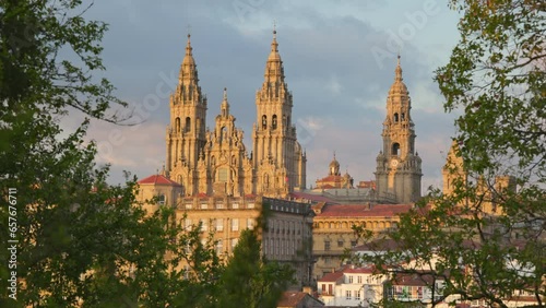 Gimbal shot of Santiago de Compostela Cathedral at sunset. Final point of pilgrims walking path of the Camino de Santiago. Santiago de Compostela, Spain