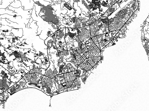 Greyscale vector city map of  Davao in the Philippines with with water, fields and parks, and roads on a white background.
