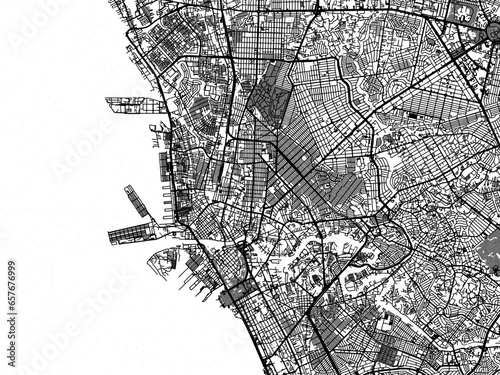 Greyscale vector city map of  Manila in the Philippines with with water, fields and parks, and roads on a white background.