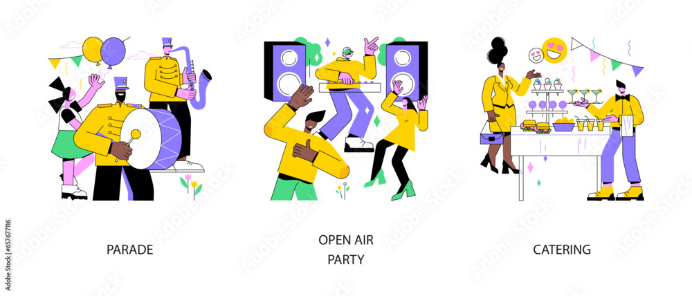 Mass event abstract concept vector illustration set. Parade and open air party, catering, fresh restaurant cooked food, summer music festival, live performance, holiday celebration abstract metaphor. Mass event abstract concept vector illustration set. Parade and open air party, catering, fresh restaurant cooked food, summer music festival, live performance, holiday celebration abstract metaphor.