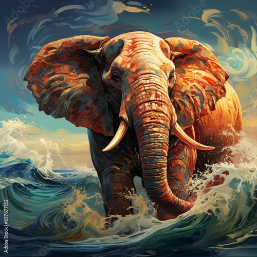Elephant in the ocean. Surrealistic illustration.