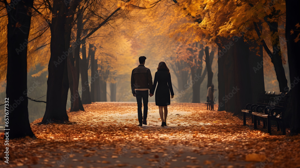 A couple in love walks in the autumn park A couple in love walks in the autumn park