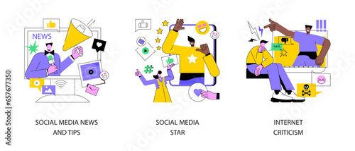 Digital content abstract concept vector illustration set. Social media news and tips, influencer, internet criticism, personal blog, hate speech, comments and share, fake profile abstract metaphor.