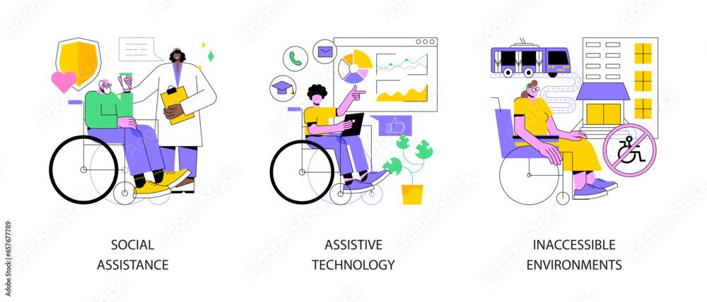 Help for disabled person abstract concept vector illustration set. Social assistance, assistive technology, inaccessible environments, caregiver support, adoptive technology, access abstract metaphor.