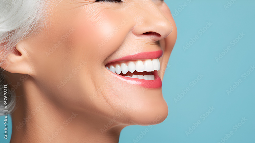 Portrait of a beautiful smiling senior woman with gray hair and white perfect teeth isolated on a blue studio background with copy space. Dental care. Dental prosthetics. Dentistry concept. Portrait of a beautiful smiling senior woman with gray hair and white perfect teeth isolated on a blue studio background with copy space. Dental care. Dental prosthetics. Dentistry concept.