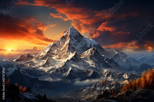 Superbe montagne au couché du soleil, paysage enneigé, montagne pointu comme l'Everest, beau temps et peu de nuage, 