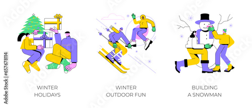 Winter entertainment abstract concept vector illustration set. Winter holidays, outdoor fun, building a snowman, Christmas eve, snowball fight, sledding, ski resort vacation abstract metaphor.
