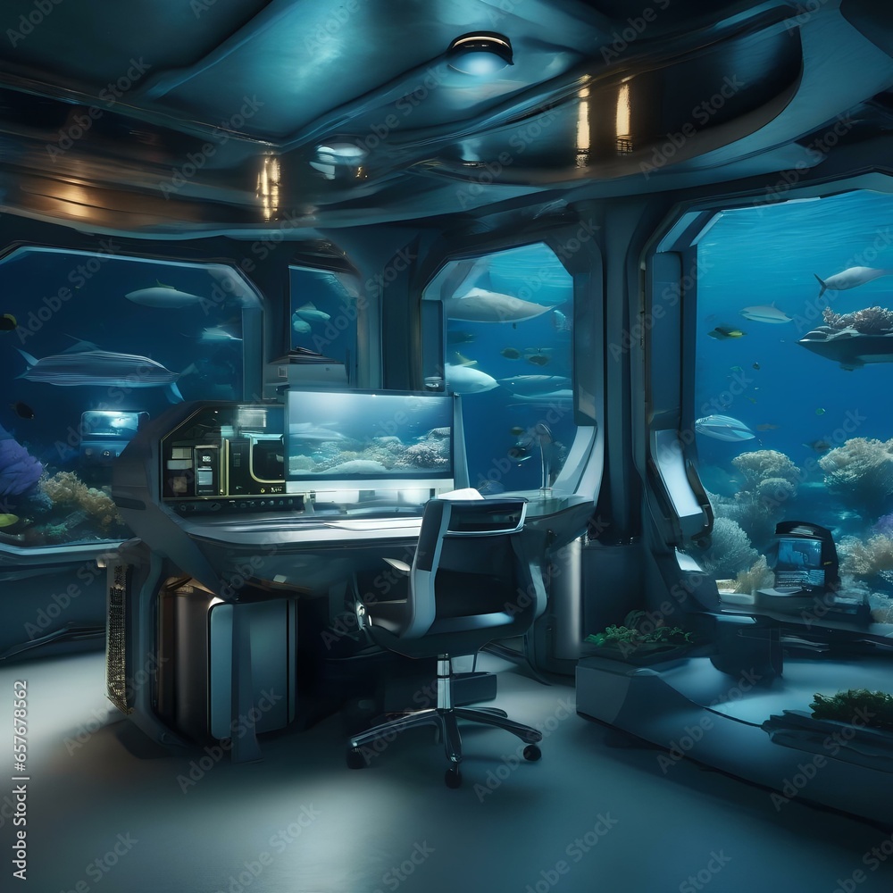 A computer-generated visualization of a future underwater research station exploring the deep sea1 A computer-generated visualization of a future underwater research station exploring the deep sea1