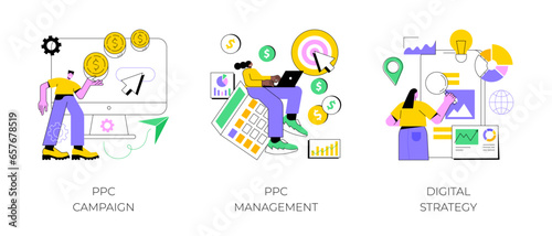 Digital marketing plan abstract concept vector illustration set. PPC campaign management, digital strategy, pay-per-click, internet marketing tools, online ad, targeted promotion abstract metaphor.