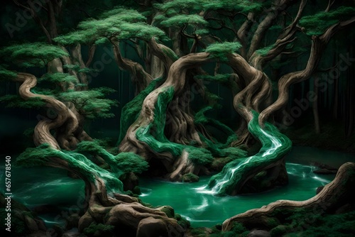 Create a visual masterpiece of a mythical forest, where the trees are made of intertwining jade and malachite