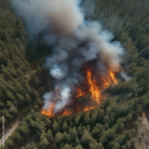 A satellite image of a wildfire spreading rapidly through a forest, releasing plumes of smoke2